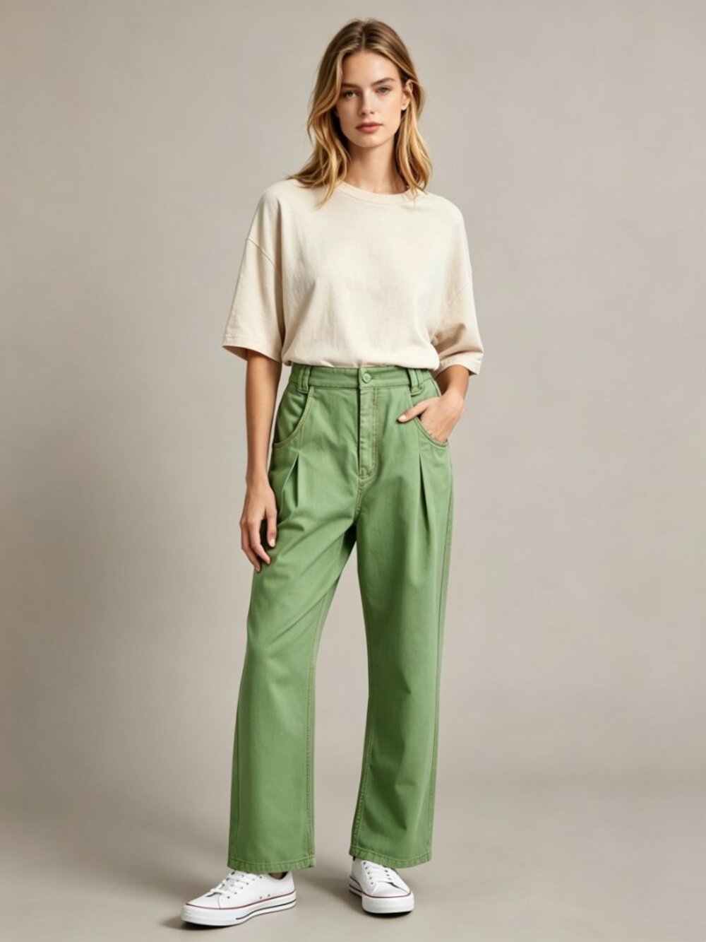 NWOT FARM Rio Green Pleat Cotton High Waist Pants Size 27 W29 Women's